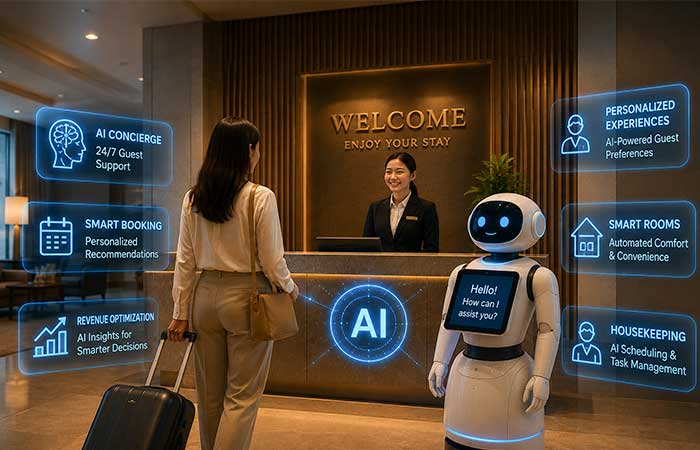Modern hotel reception using AI hospitality technology for personalized guest experiences